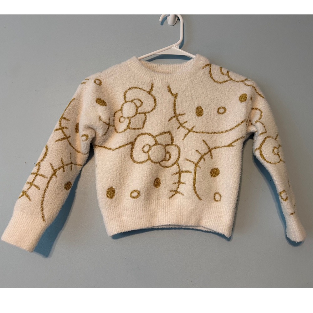 Hello Kitty Size XS 4/5 Sanrio Girls Cream Gold Metallic Fuzzy Knit Sweater 1991